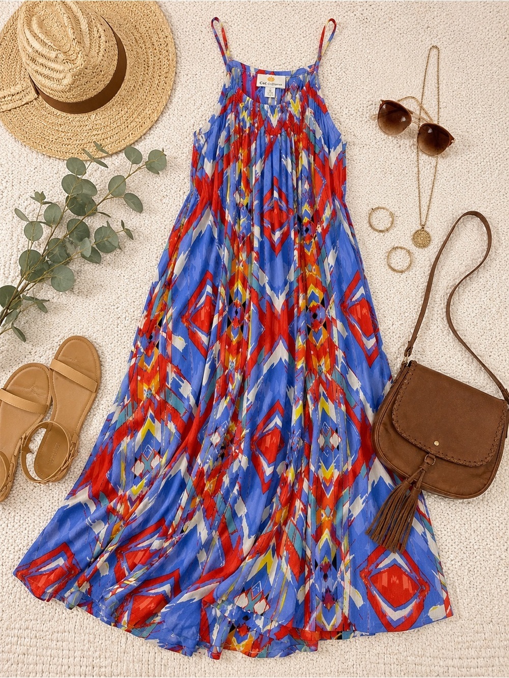 C&C California Colorful Boho Geometric Maxi Dress Rayon Size Medium